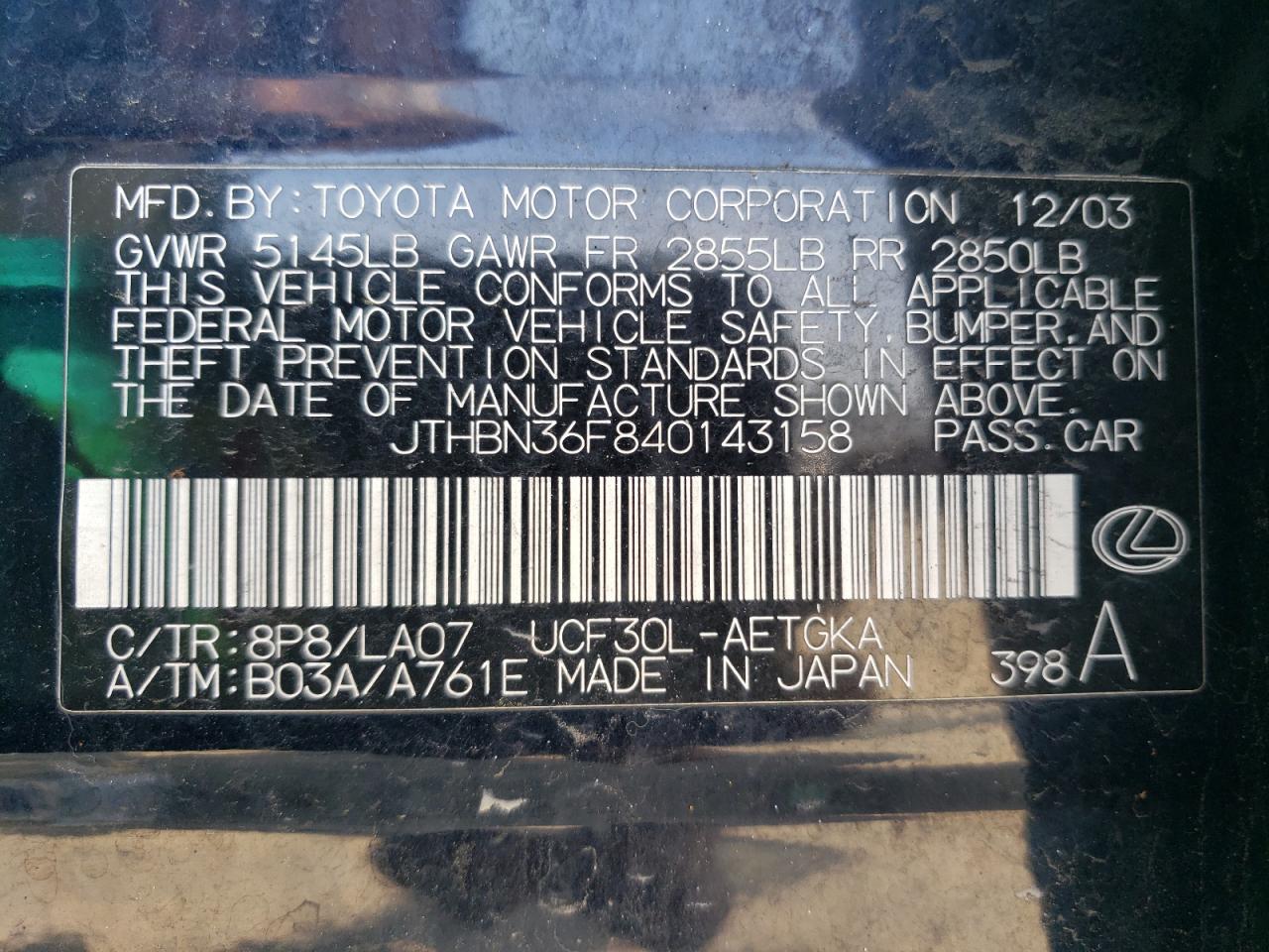 JTHBN36F840143158 2004 Lexus Ls 430