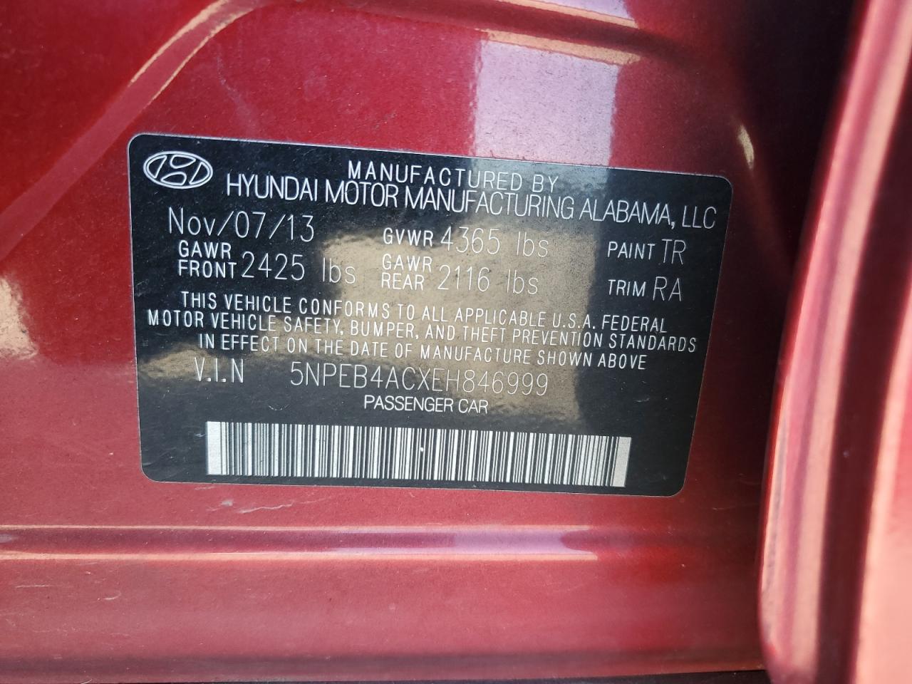 5NPEB4ACXEH846999 2014 Hyundai Sonata Gls