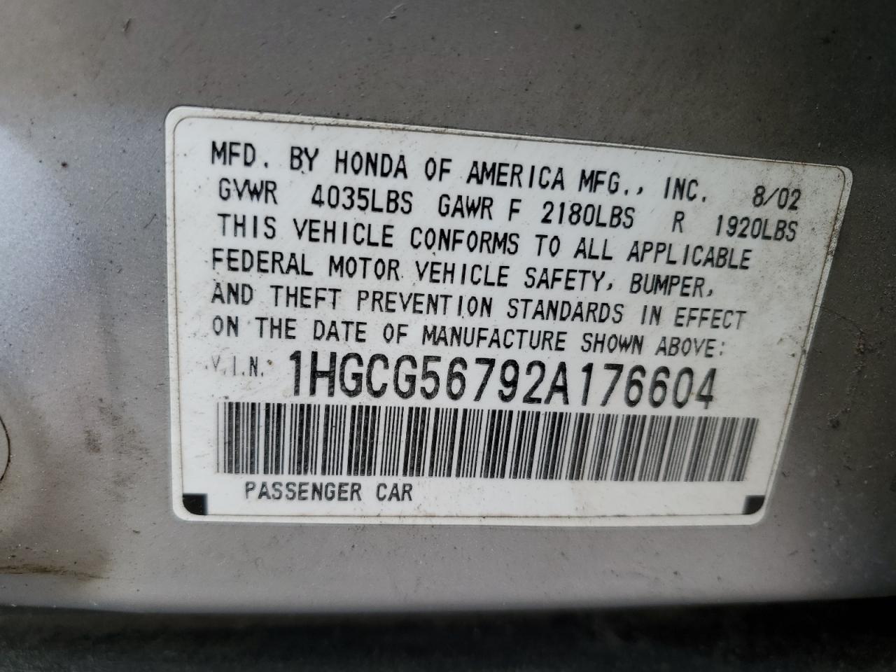 1HGCG56792A176604 2002 Honda Accord Se