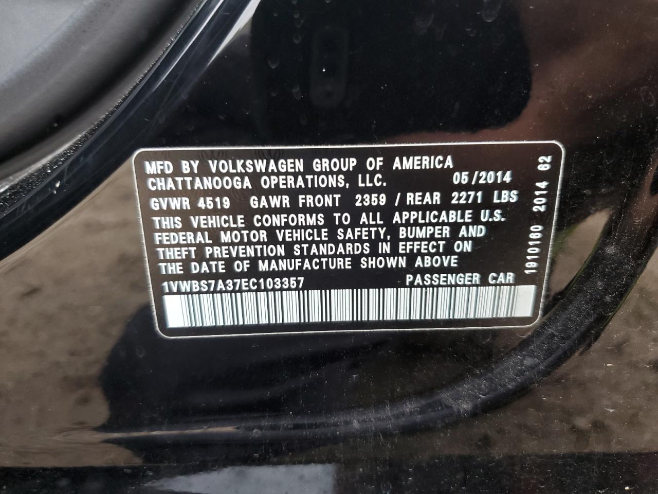 1VWBS7A37EC103357 2014 Volkswagen Passat Se