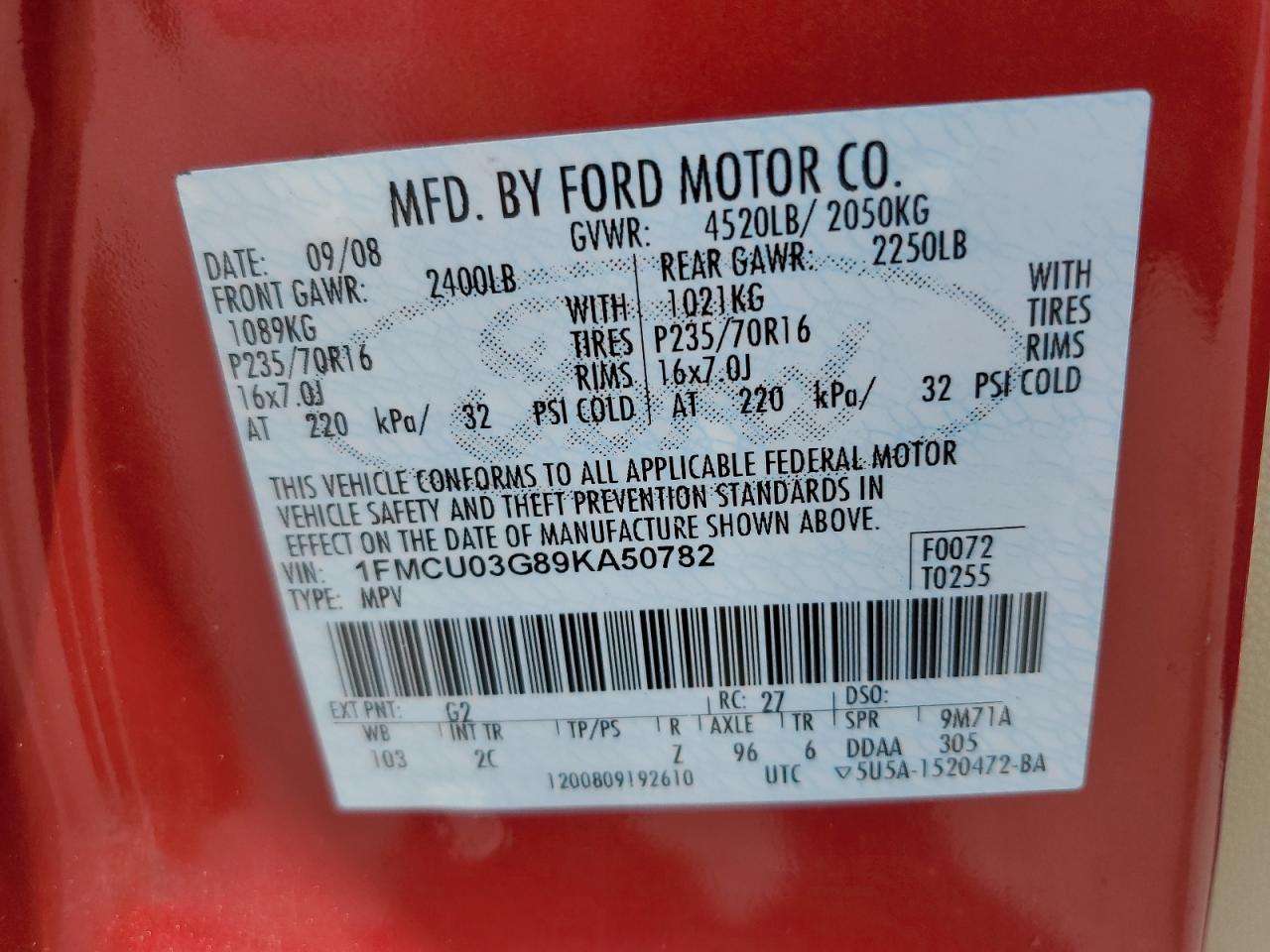 1FMCU03G89KA50782 2009 Ford Escape Xlt