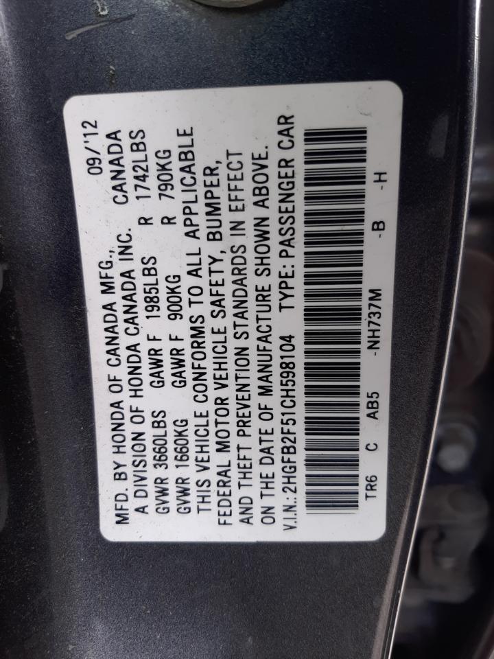 2HGFB2F51CH598104 2012 Honda Civic Lx