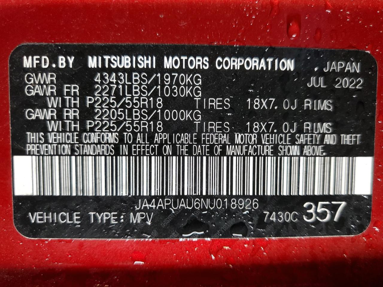 JA4APUAU6NU018926 2022 Mitsubishi Outlander Sport Es