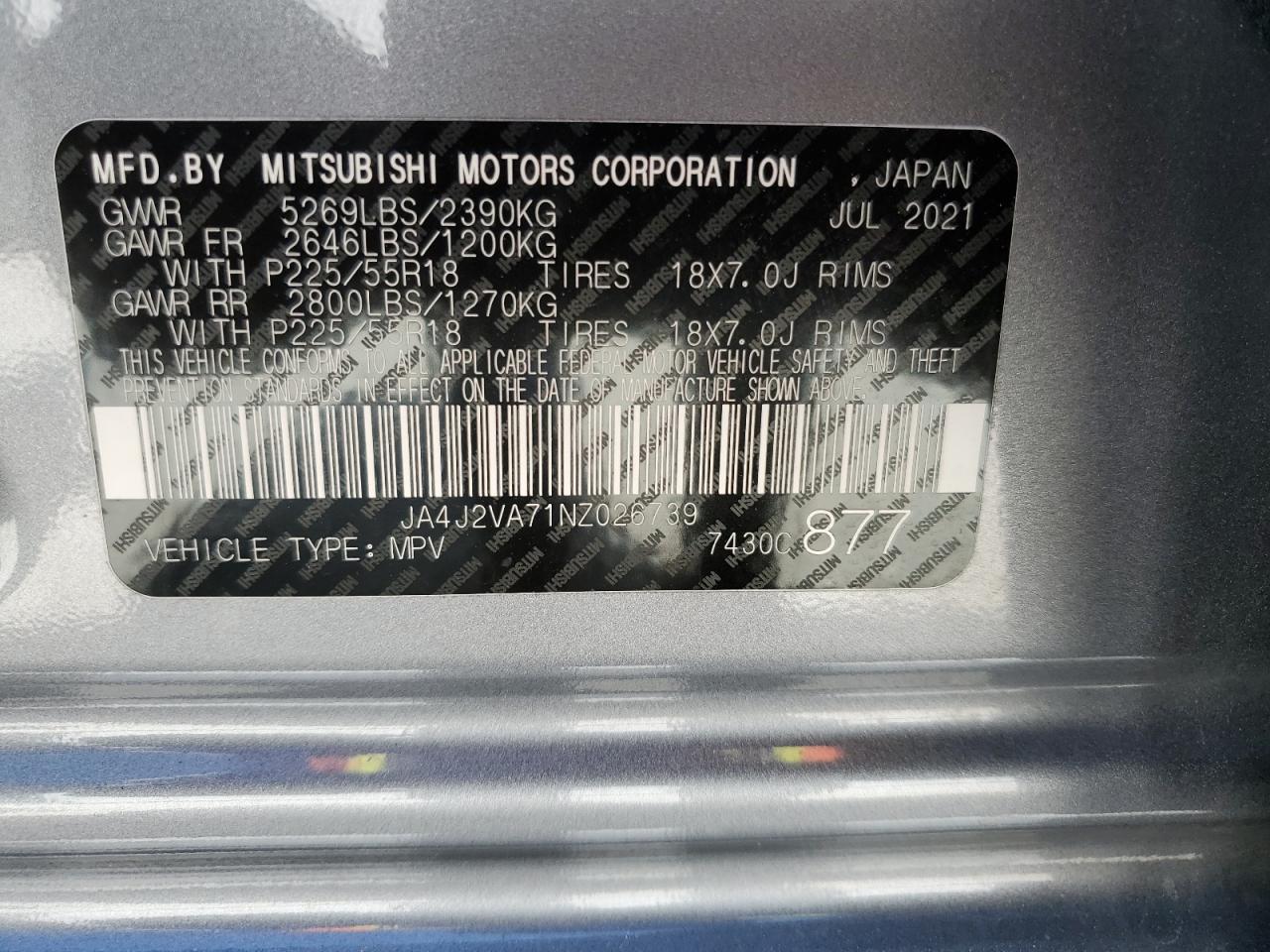 JA4J2VA71NZ026739 2022 Mitsubishi Outlander Sel