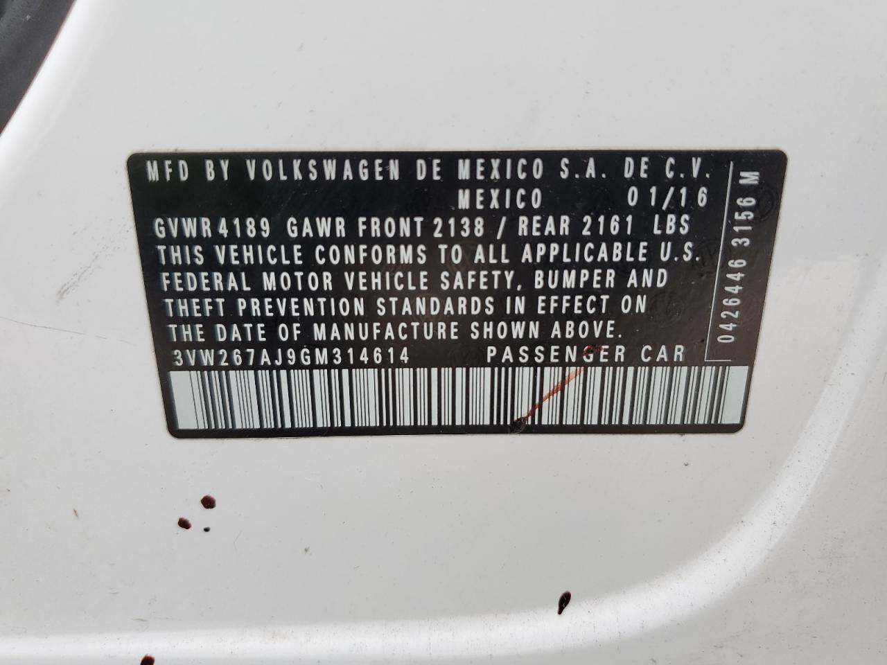 3VW267AJ9GM314614 2016 Volkswagen Jetta S