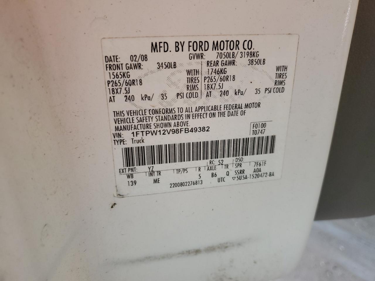 1FTPW12V98FB49382 2008 Ford F150 Supercrew