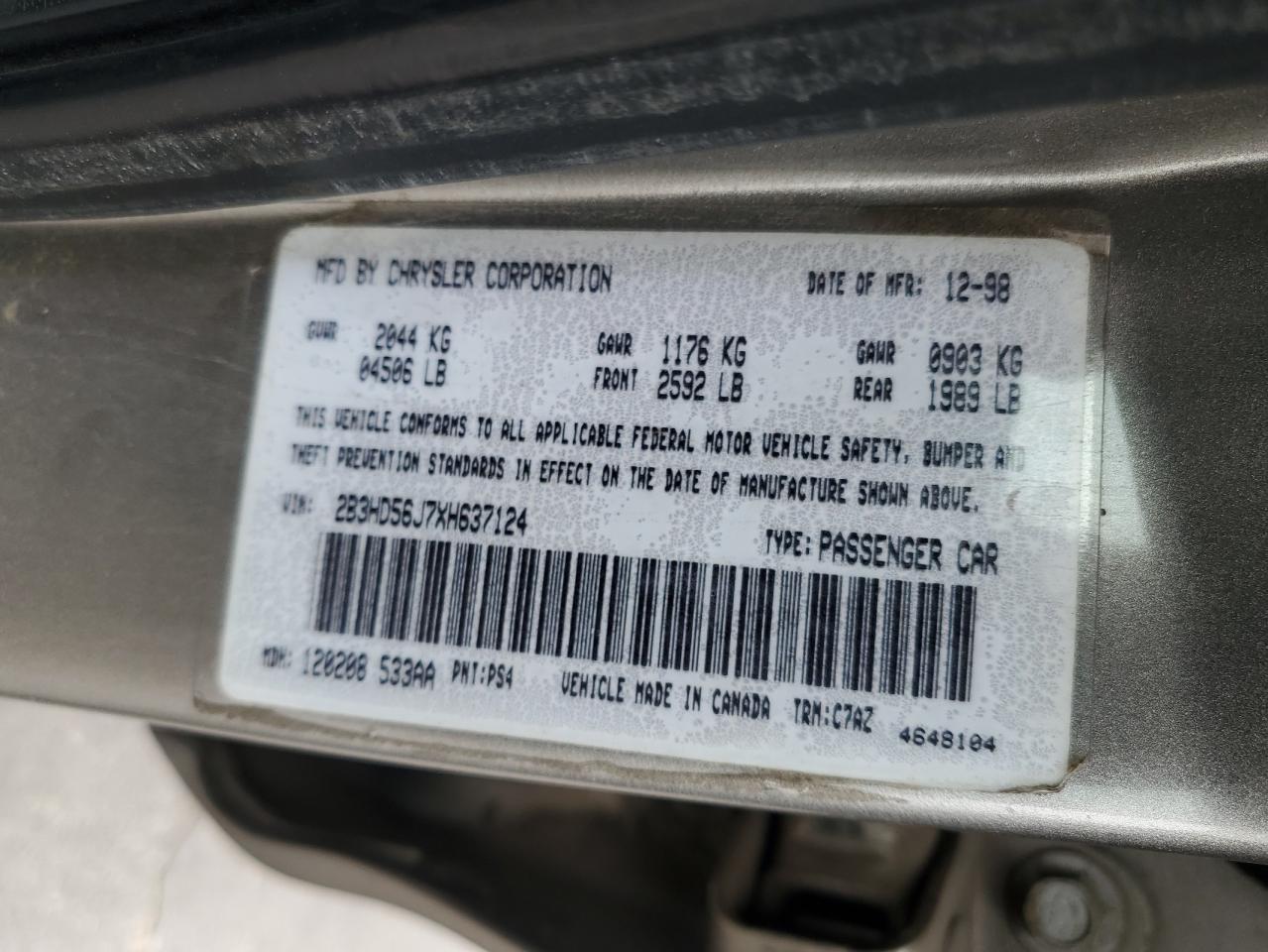 2B3HD56J7XH637124 1999 Dodge Intrepid Es