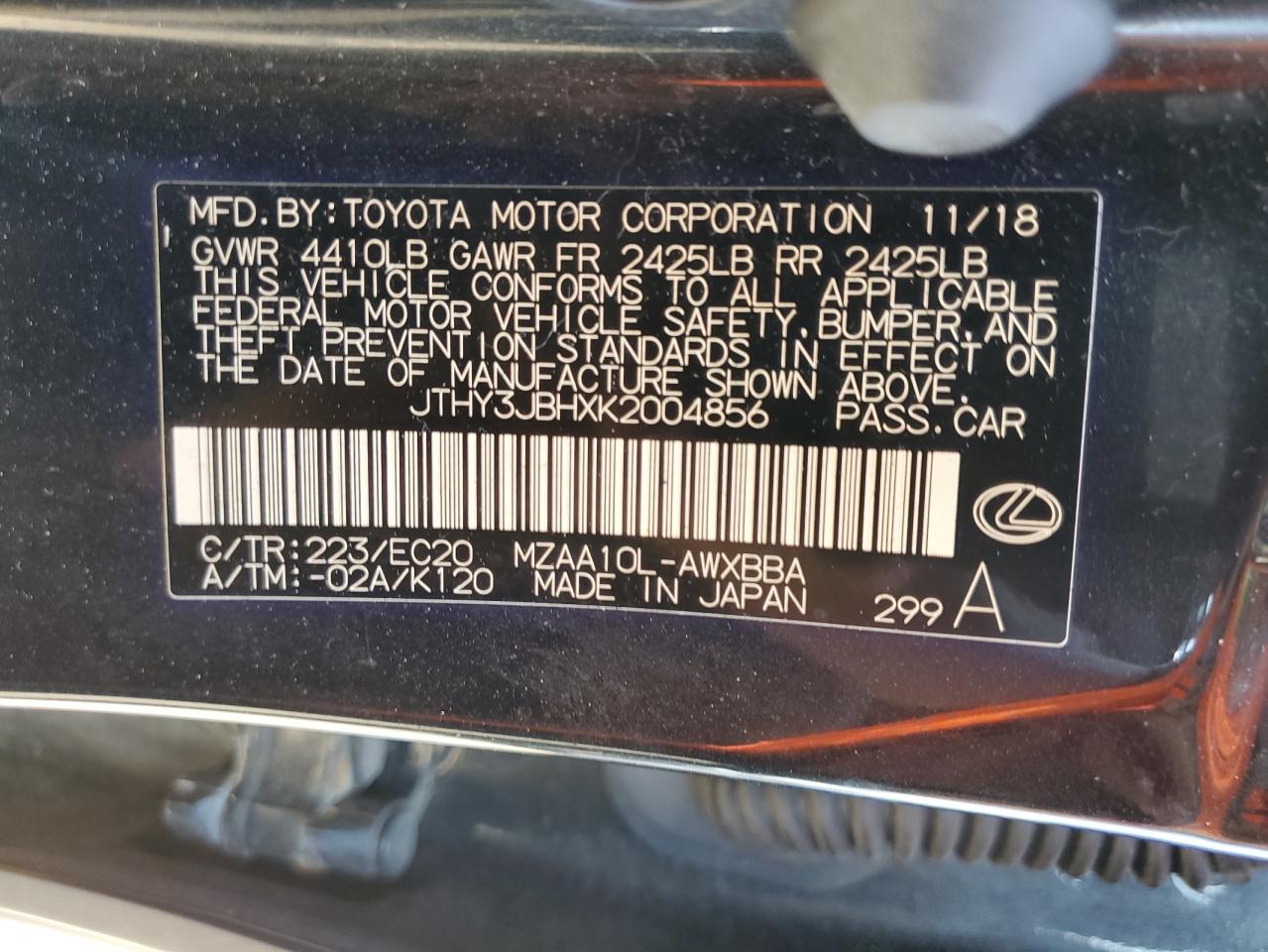 JTHY3JBHXK2004856 2019 Lexus Ux 200