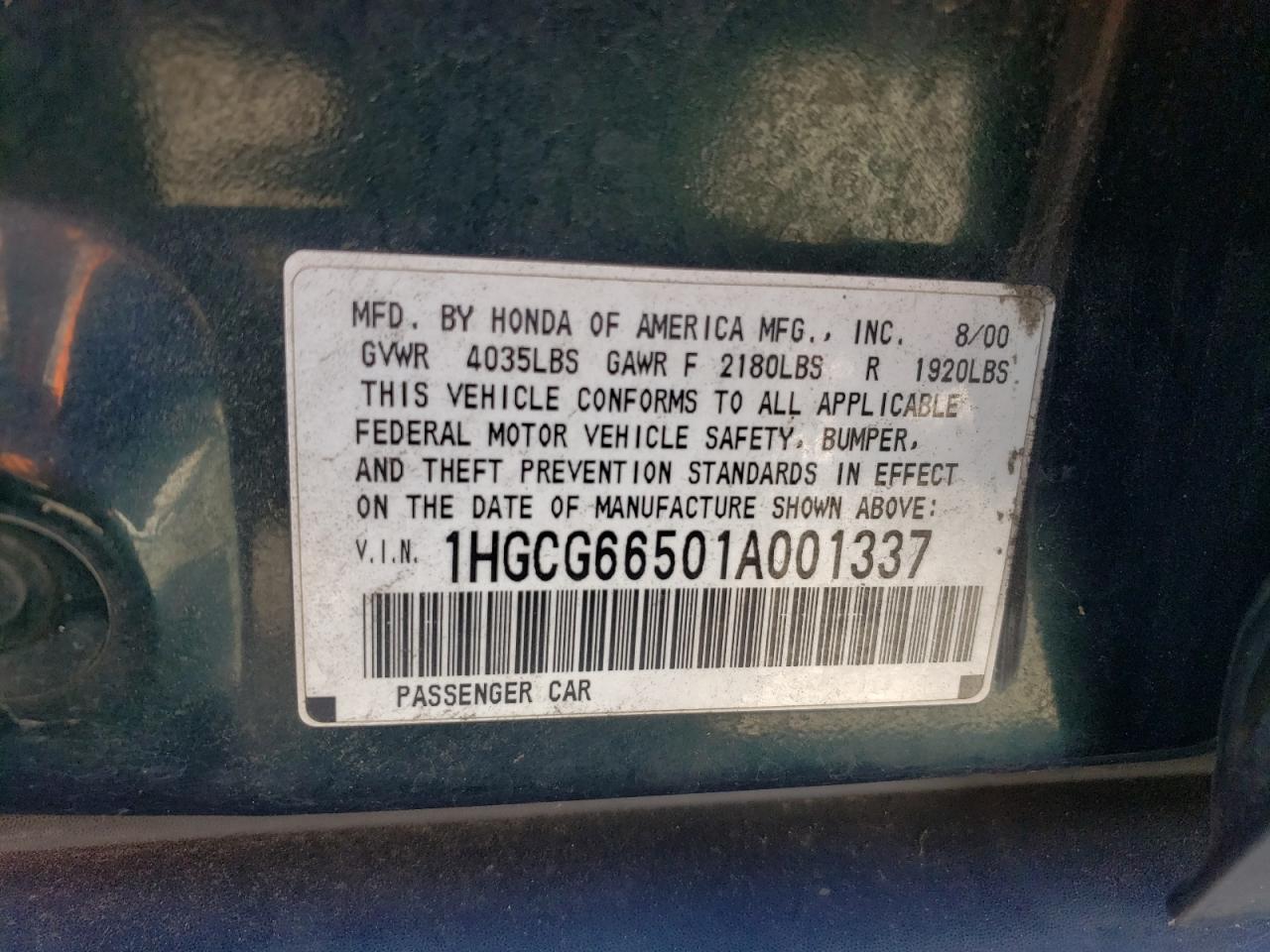 1HGCG66501A001337 2001 Honda Accord Lx