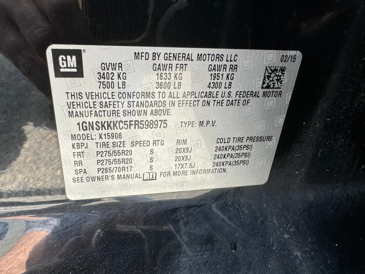 1GNSKKKC5FR598975 2015 Chevrolet Suburban K1500 Ltz