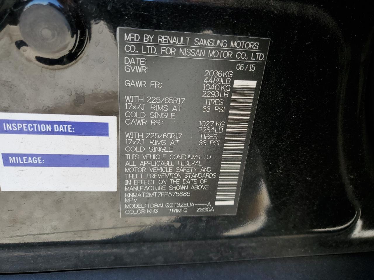 KNMAT2MT7FP575885 2015 Nissan Rogue S