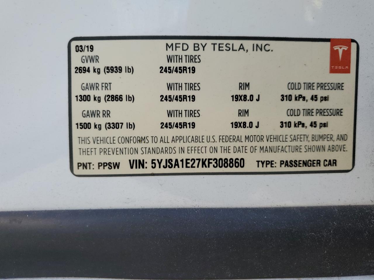 5YJSA1E27KF308860 2019 Tesla Model S