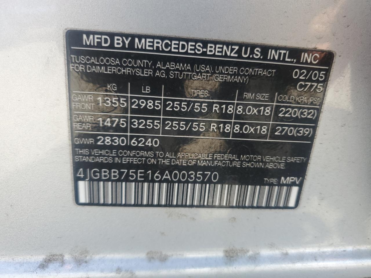 4JGBB75E16A003570 2006 Mercedes-Benz Ml 500