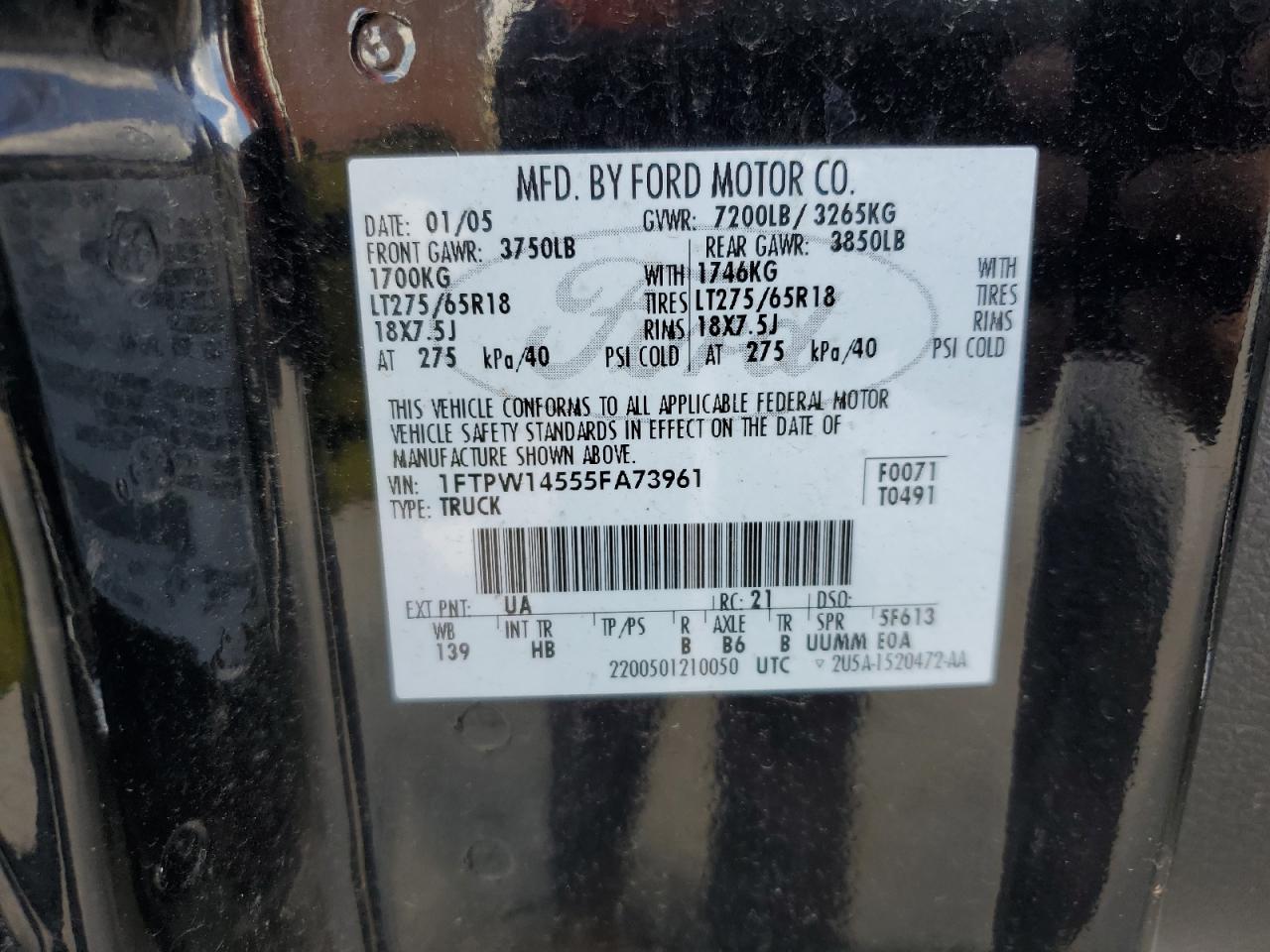 1FTPW14555FA73961 2005 Ford F150 Supercrew