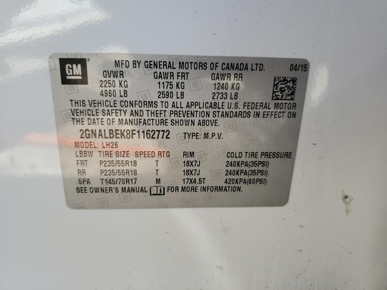 2GNALBEK8F1162772 2015 Chevrolet Equinox Lt