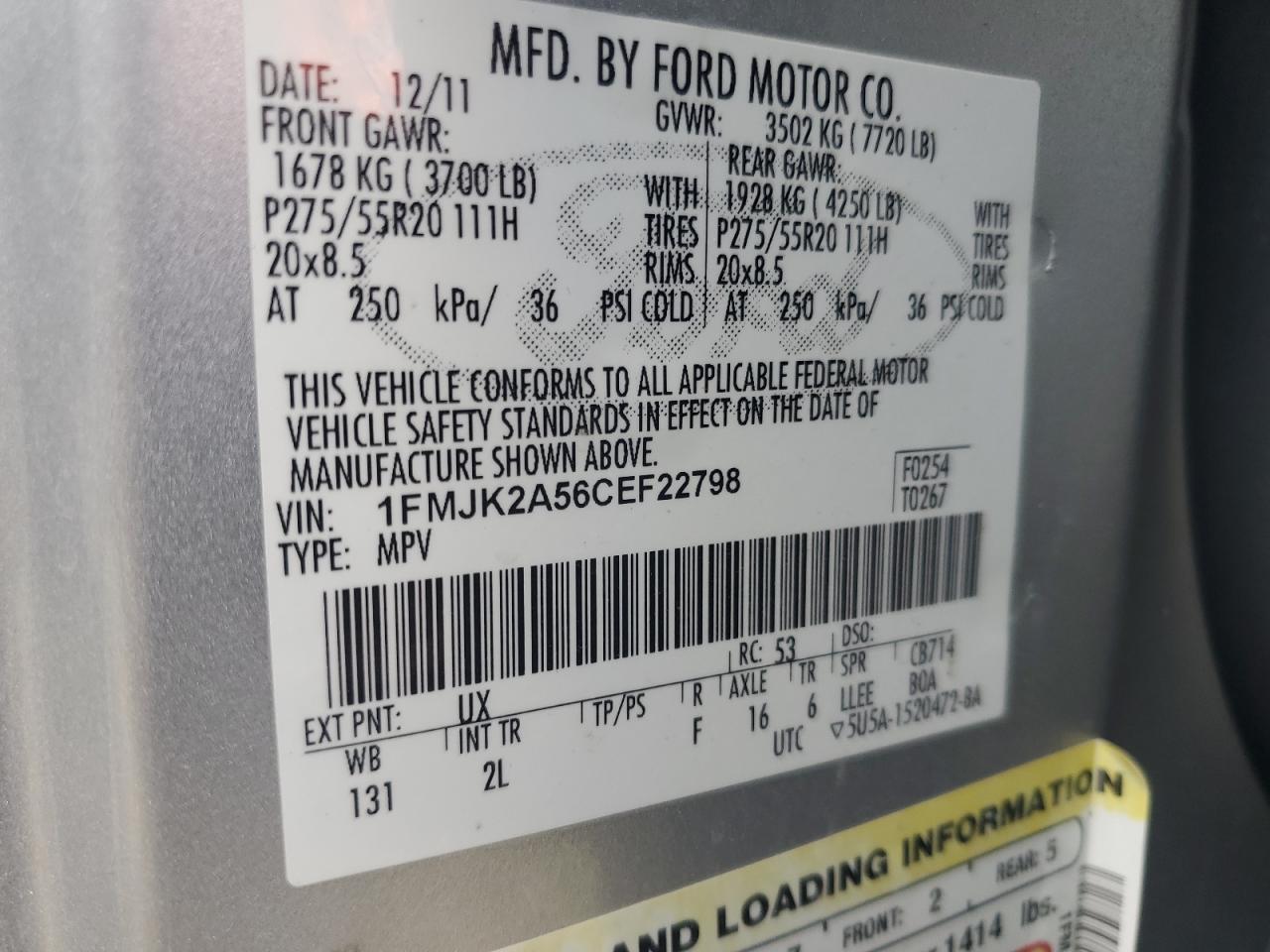 1FMJK2A56CEF22798 2012 Ford Expedition El Limited