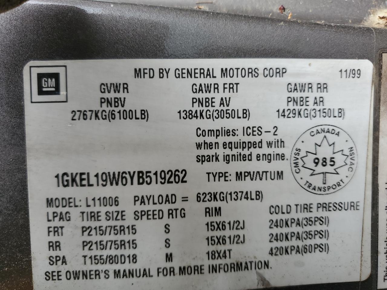 1GKEL19W6YB519262 2000 GMC Safari Xt