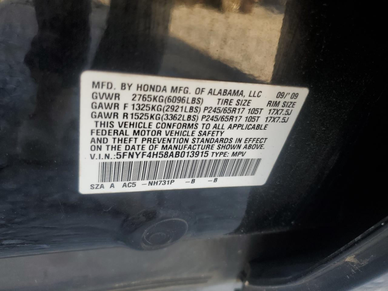 5FNYF4H58AB013915 2010 Honda Pilot Exl