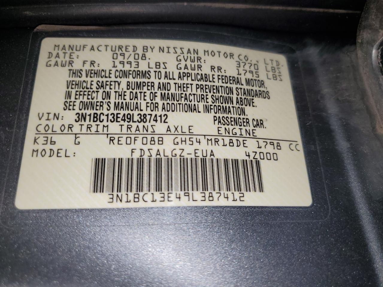 3N1BC13E49L387412 2009 Nissan Versa S