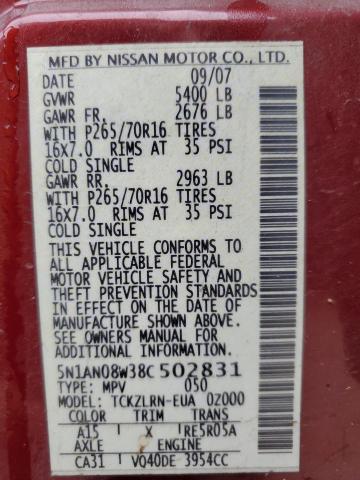 2008 Nissan Xterra Off Road VIN: 5N1AN08W38C502831 Lot: 53668514