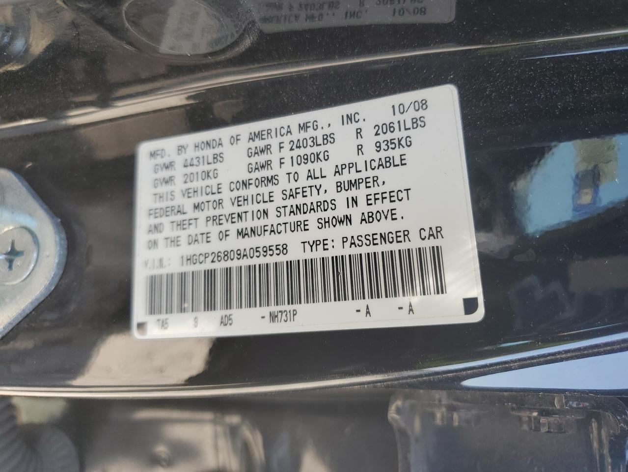 1HGCP26809A059558 2009 Honda Accord Exl