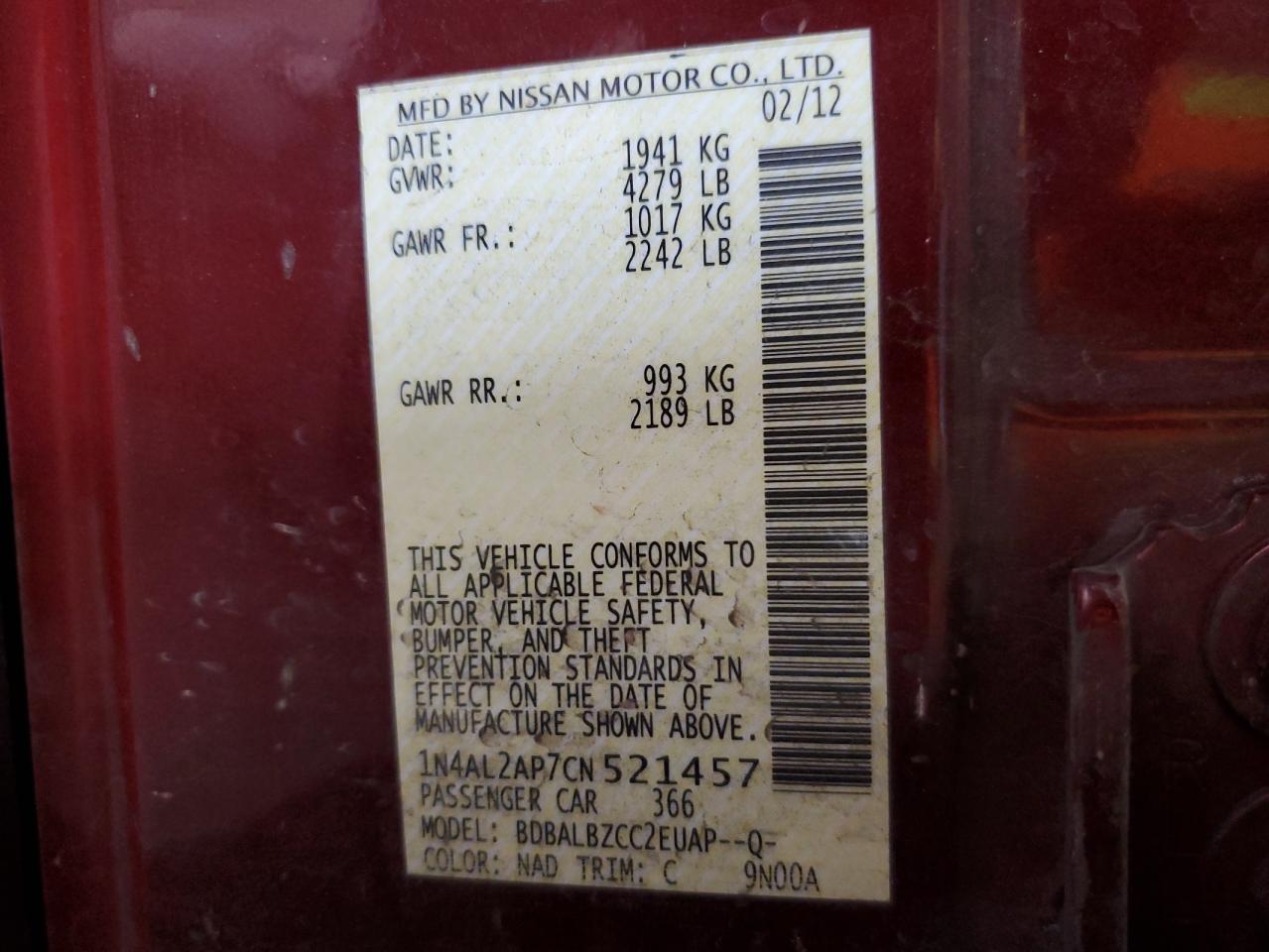 1N4AL2AP7CN521457 2012 Nissan Altima Base