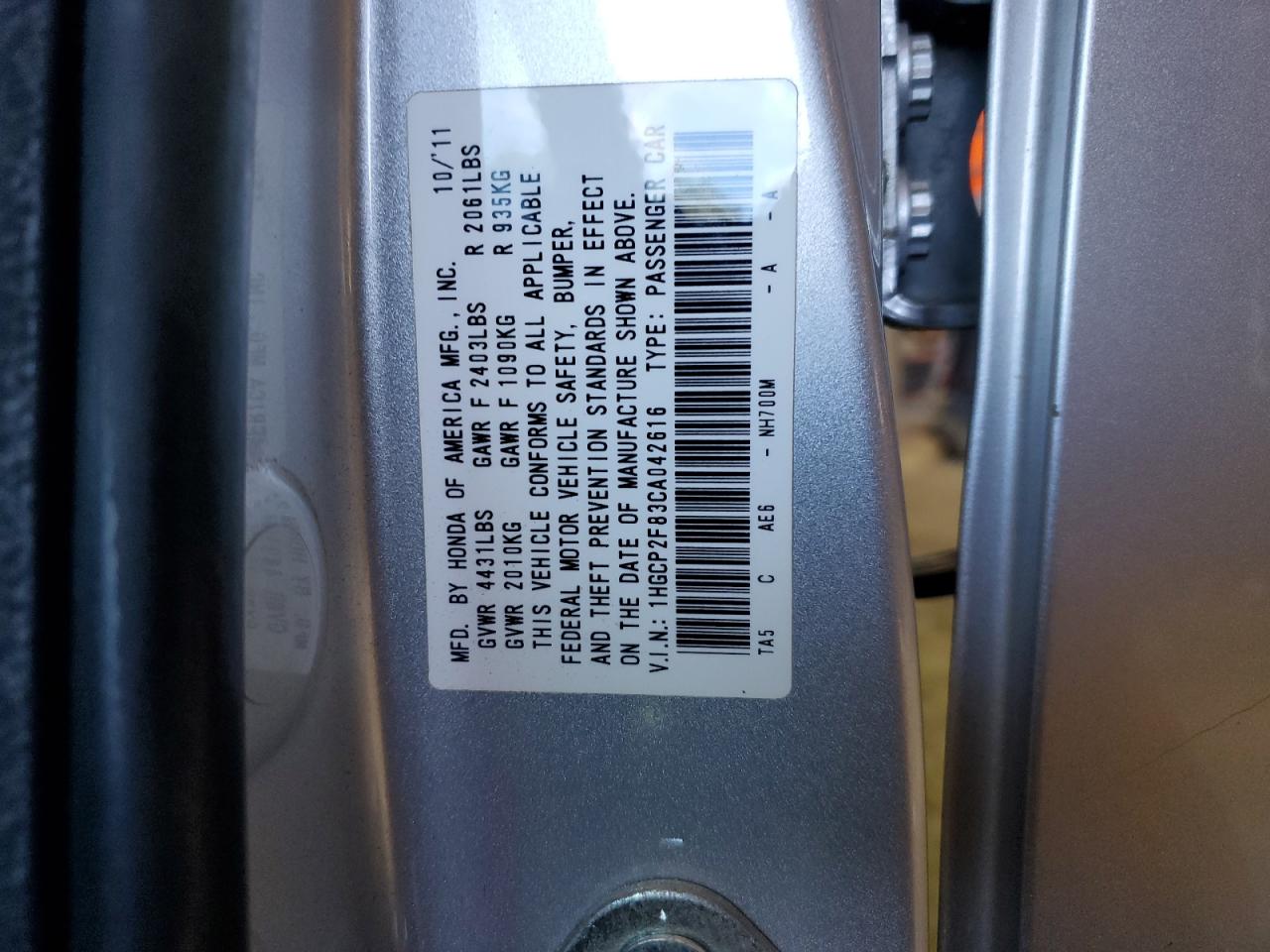 1HGCP2F83CA042616 2012 Honda Accord Exl