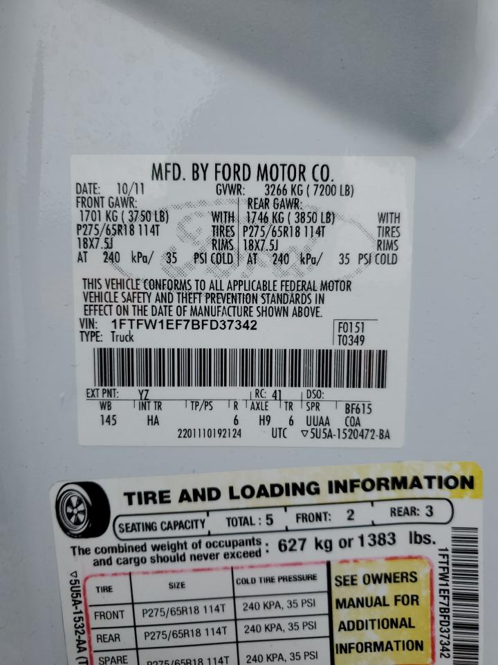 1FTFW1EF7BFD37342 2011 Ford F150 Supercrew