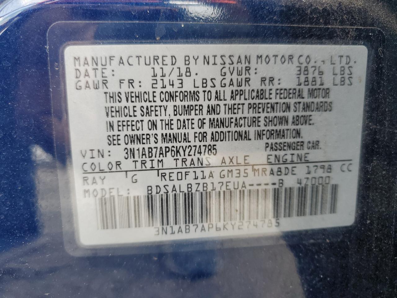 3N1AB7AP6KY274785 2019 Nissan Sentra S