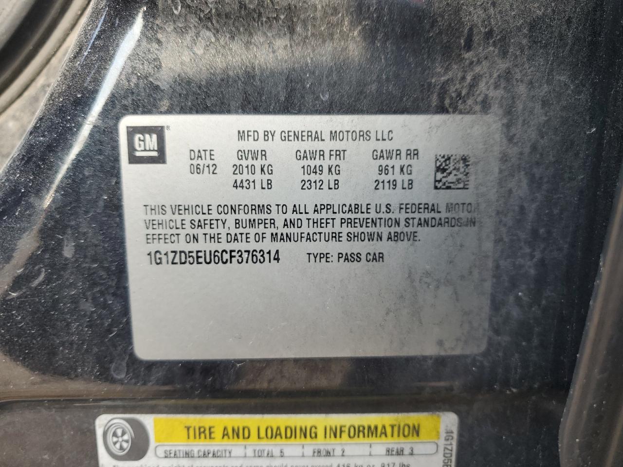 1G1ZD5EU6CF376314 2012 Chevrolet Malibu 2Lt
