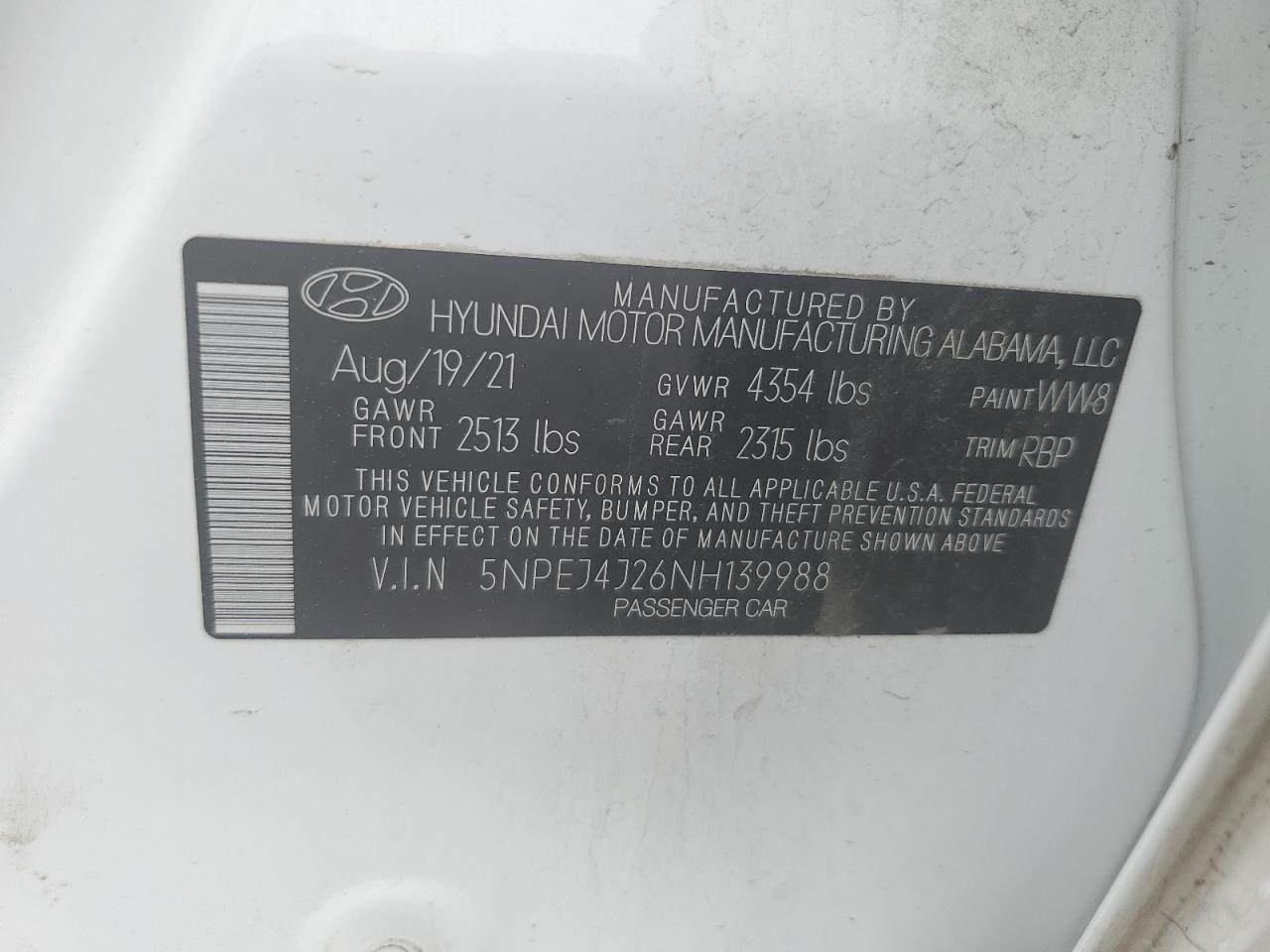 5NPEJ4J26NH139988 2022 Hyundai Sonata Sel Plus