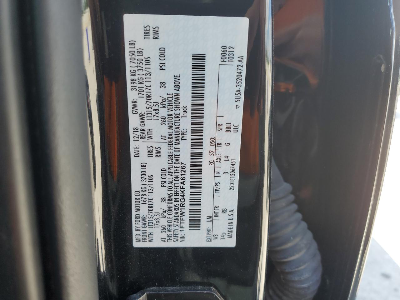 1FTFW1RG4KFA61267 2019 Ford F150 Raptor