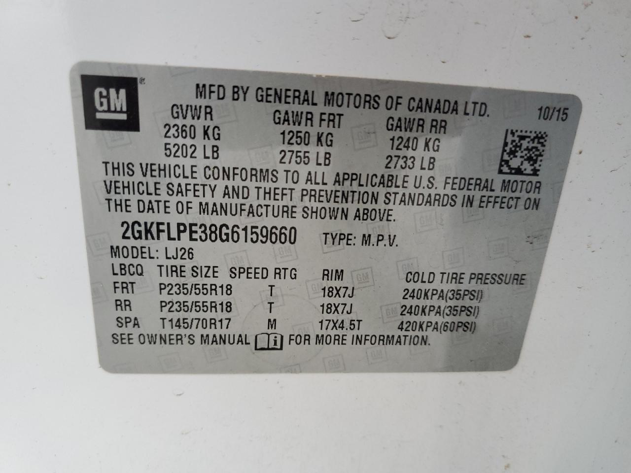 2GKFLPE38G6159660 2016 GMC Terrain Slt