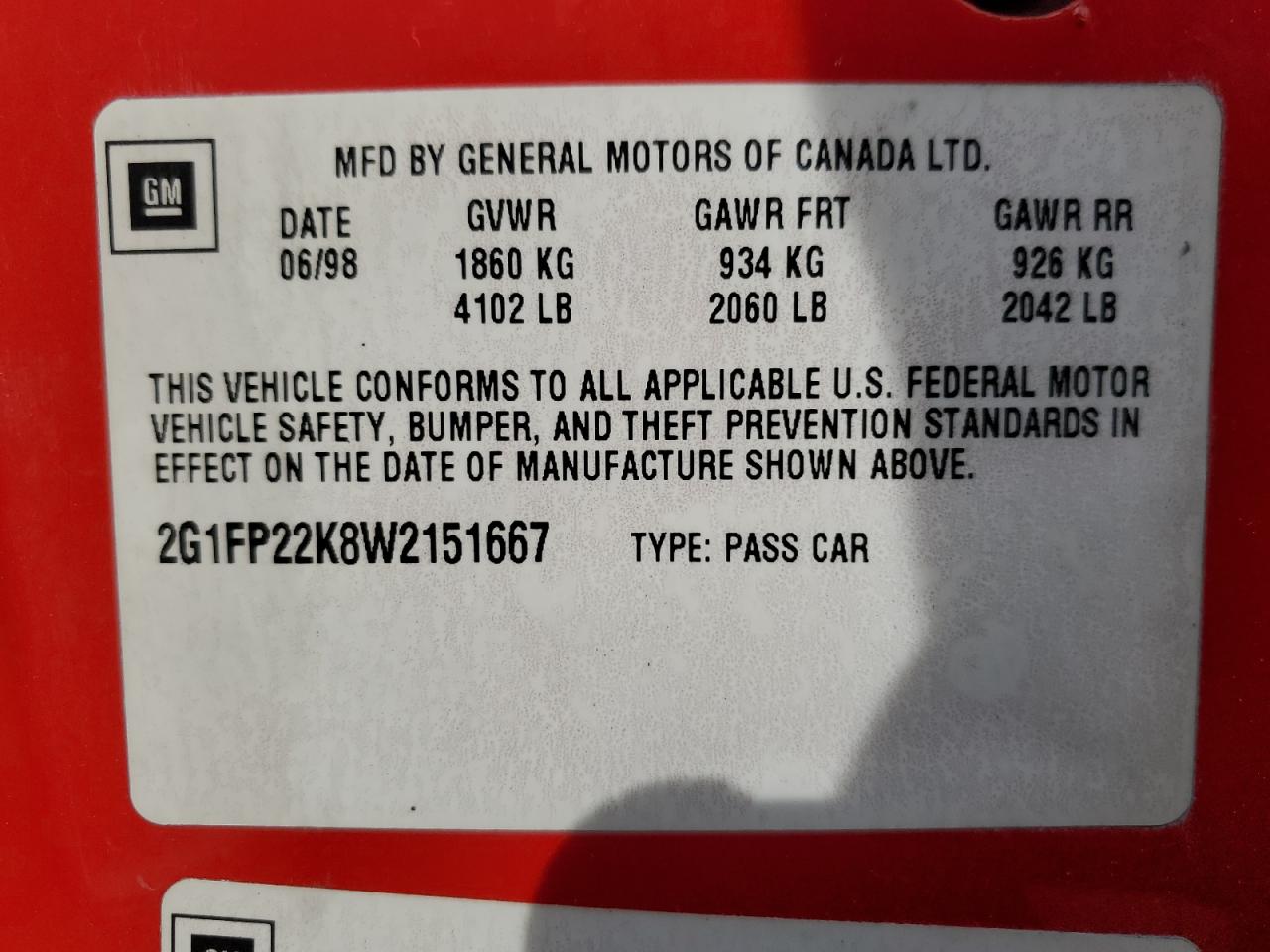 2G1FP22K8W2151667 1998 Chevrolet Camaro