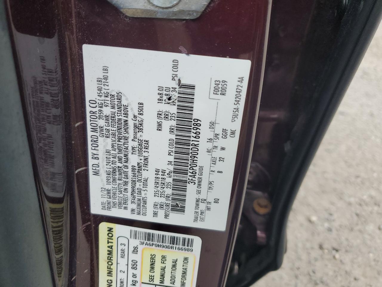 3FA6P0H90DR166989 2013 Ford Fusion Se