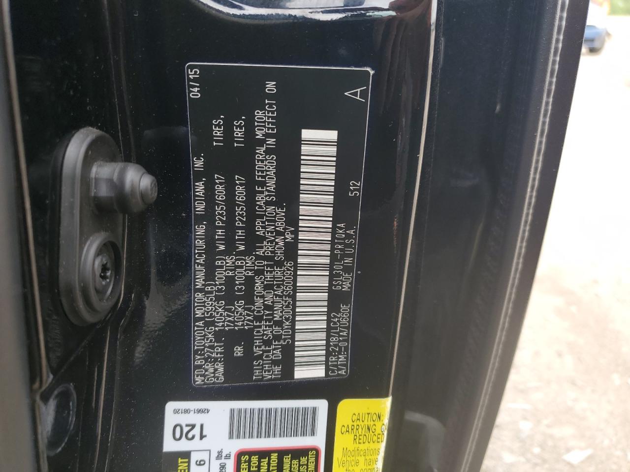 5TDYK3DC5FS600926 2015 Toyota Sienna Xle