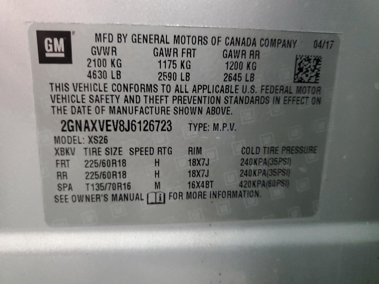 2GNAXVEV8J6126723 2018 Chevrolet Equinox Premier