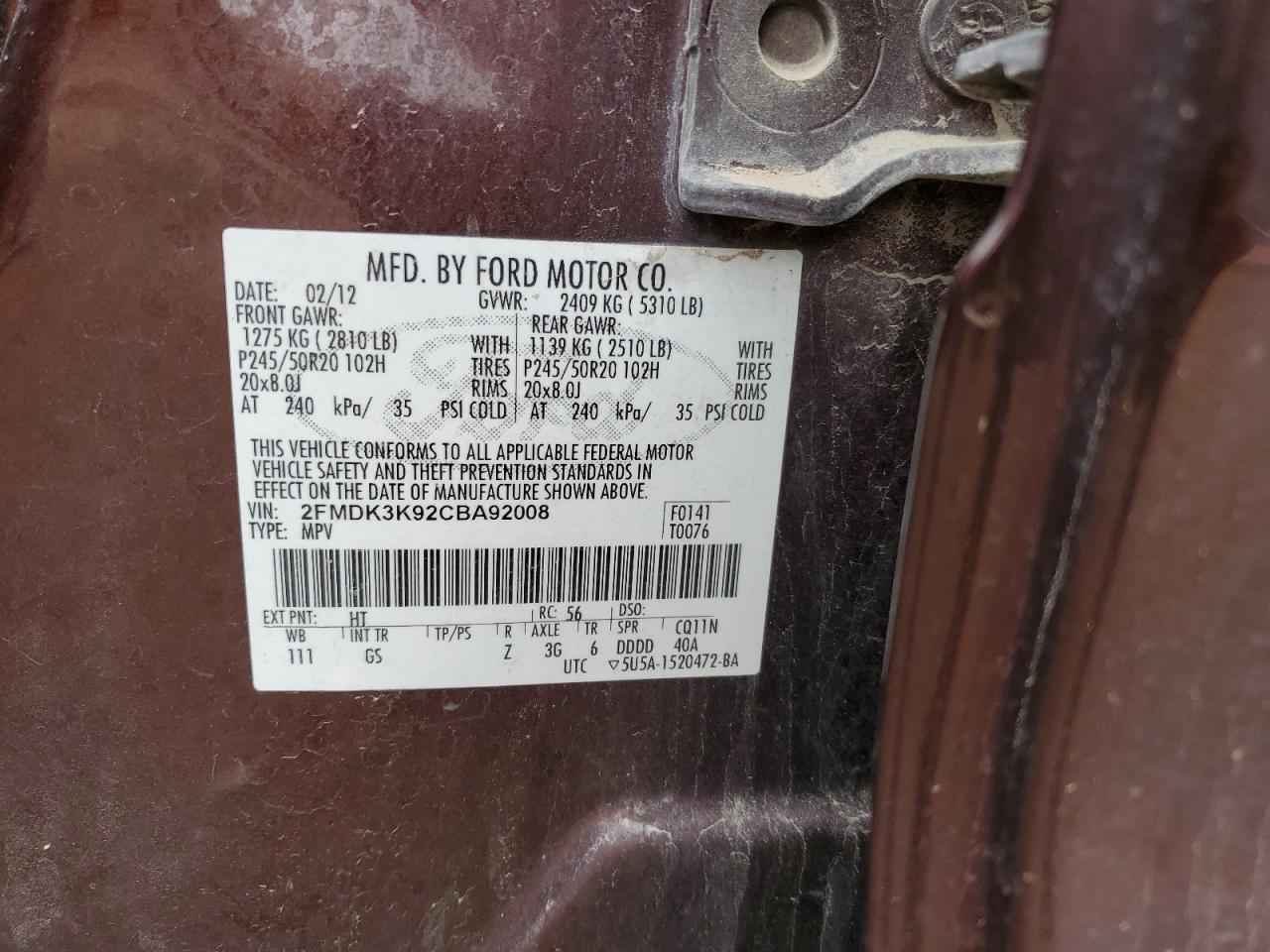 2FMDK3K92CBA92008 2012 Ford Edge Limited