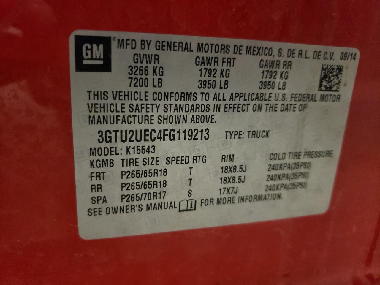 3GTU2UEC4FG119213 2015 GMC Sierra K1500 Sle