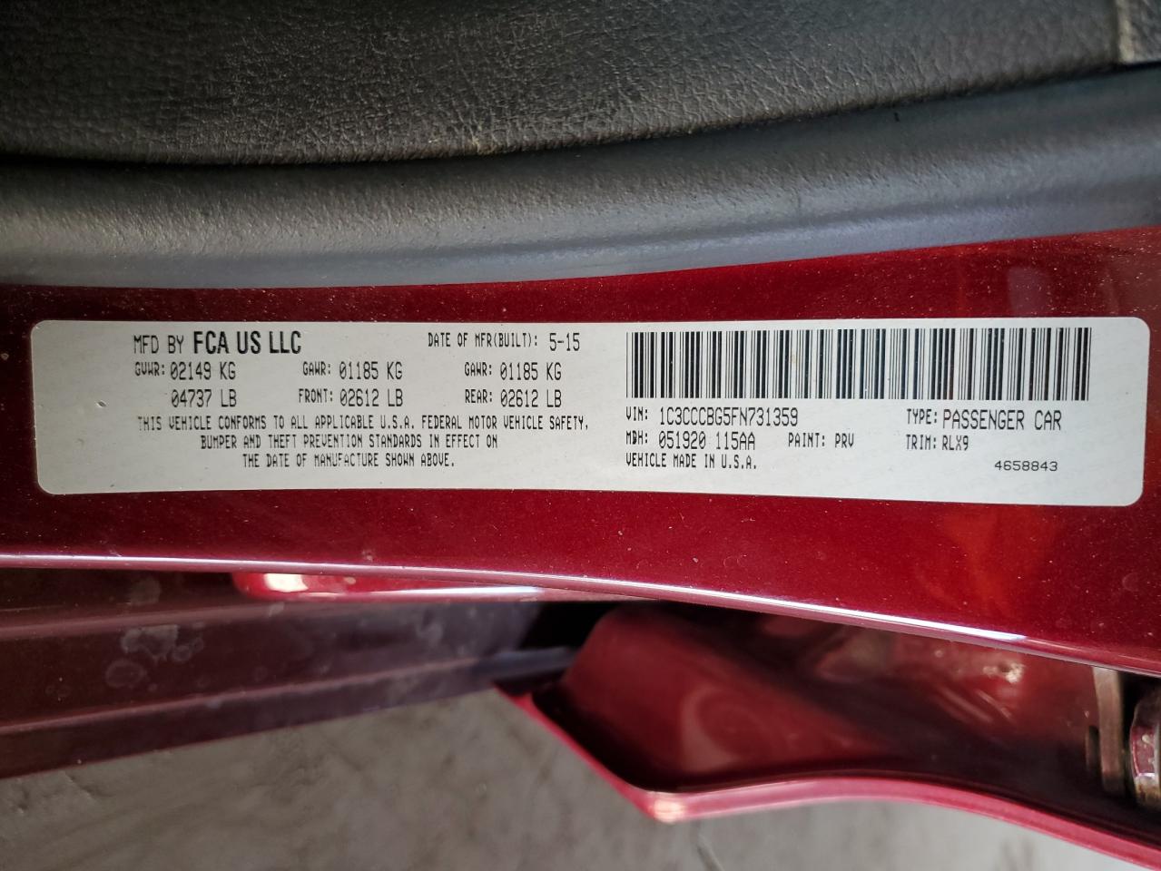 1C3CCCBG5FN731359 2015 Chrysler 200 S