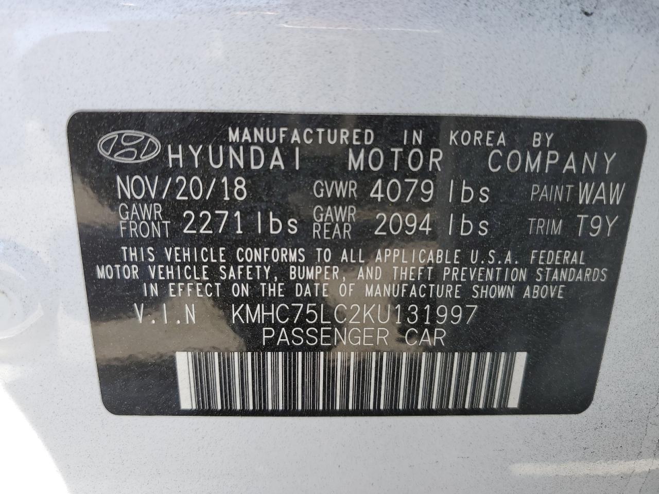 KMHC75LC2KU131997 2019 Hyundai Ioniq Sel