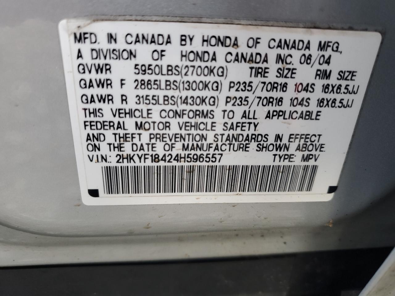 2HKYF18424H596557 2004 Honda Pilot Ex