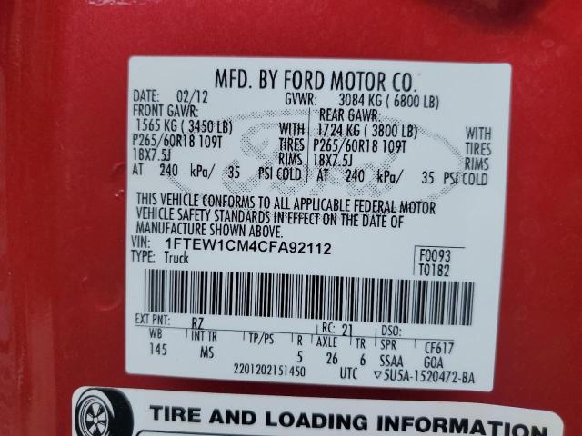 2012 Ford F150 Supercrew VIN: 1FTEW1CM4CFA92112 Lot: 53961614