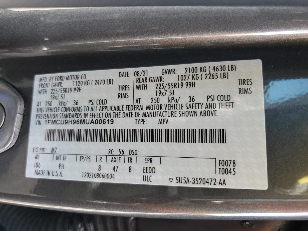 1FMCU9H96MUA00619 2021 Ford Escape Sel