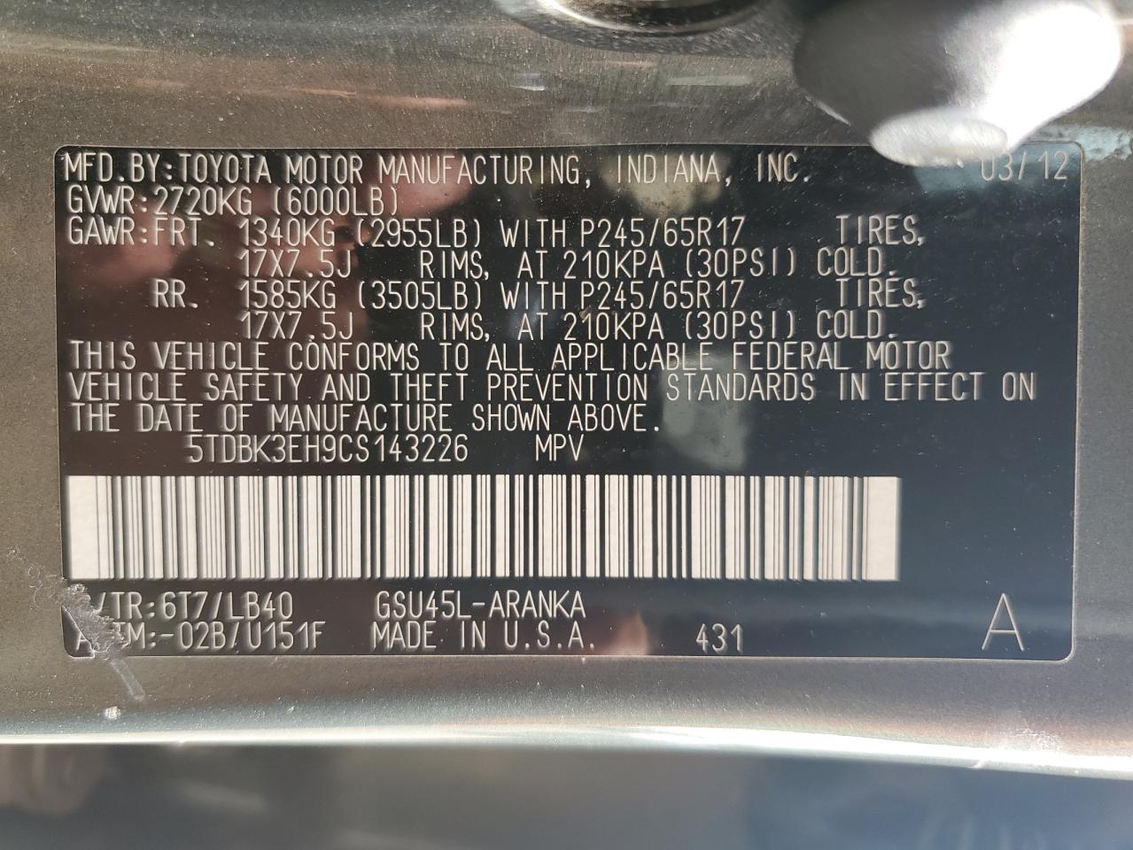 5TDBK3EH9CS143226 2012 Toyota Highlander Base