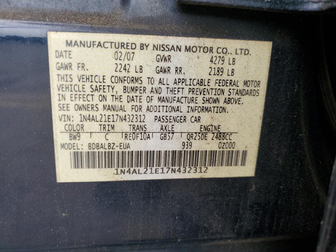 1N4AL21E17N432312 2007 Nissan Altima 2.5