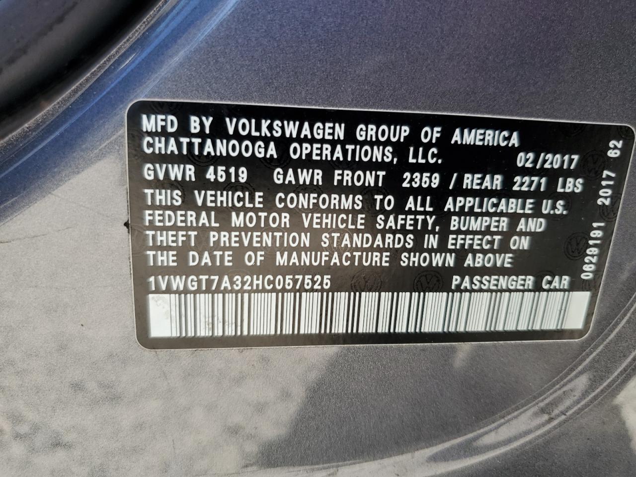 1VWGT7A32HC057525 2017 Volkswagen Passat Se