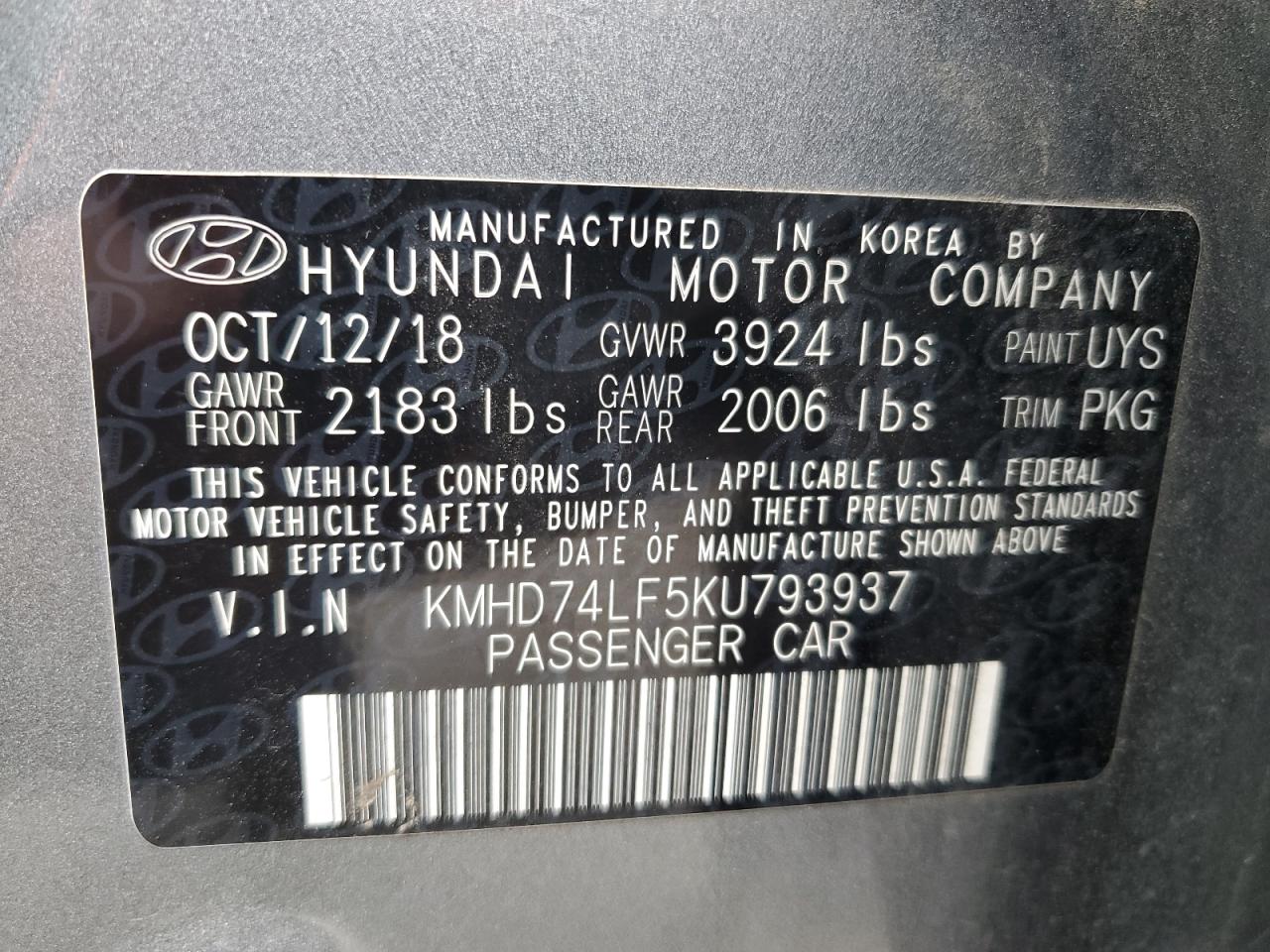KMHD74LF5KU793937 2019 Hyundai Elantra Se