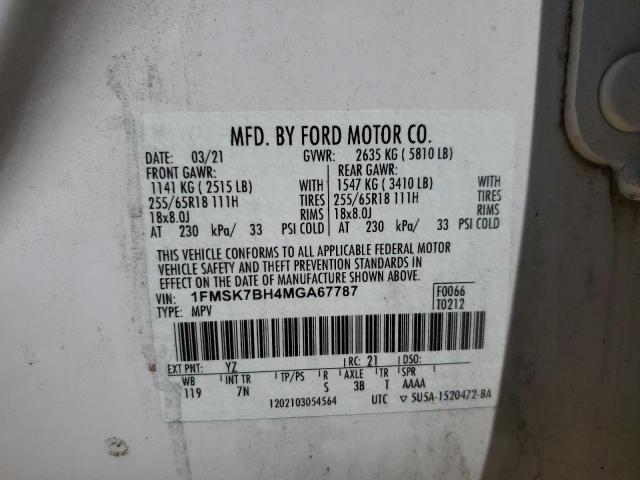 2021 Ford Explorer VIN: 1FMSK7BH4MGA67787 Lot: 57120664