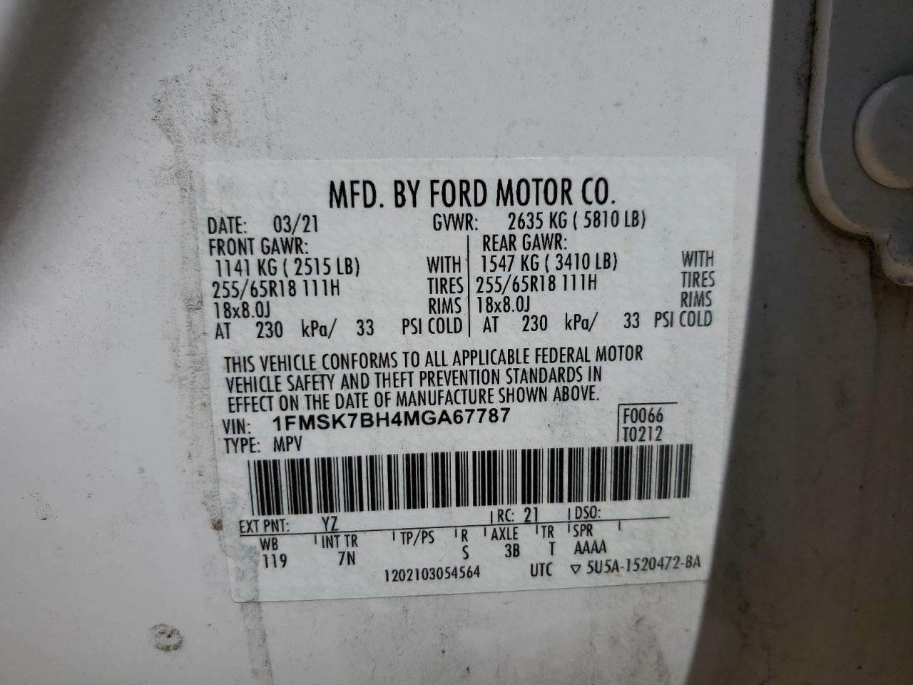 1FMSK7BH4MGA67787 2021 Ford Explorer